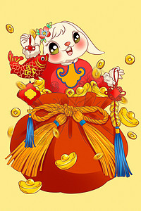 新年兔子福袋元宝铜钱中国结国潮手绘插画背景图片