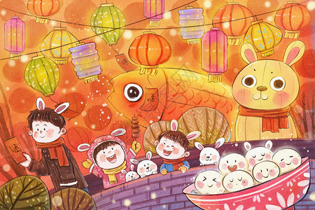兔年之二月元宵节花灯手绘水彩插画背景图片
