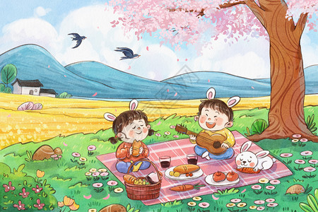 兔年之三月春天桃花燕子野餐手绘水彩插画图片