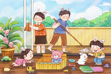 家庭大扫除兔年之五月劳动节手绘水彩插画插画