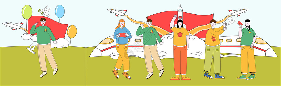 一家人出行海报国庆节红绿撞色红旗敬礼SVG插画插画