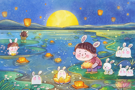 国外鬼节兔年之八月处暑中元节放河灯手绘水彩插画插画