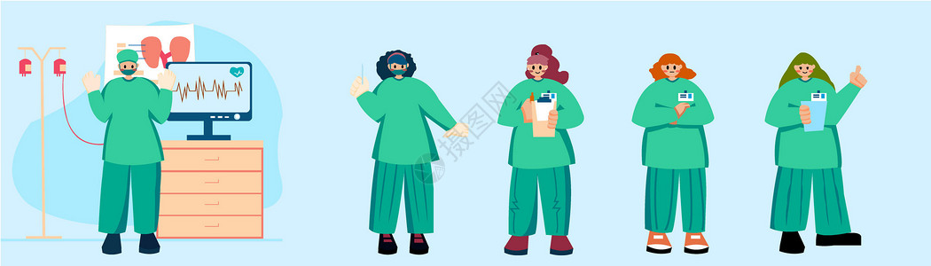 蓝绿色扁平风人物场景营销插画外科医生人物SVG插画高清图片