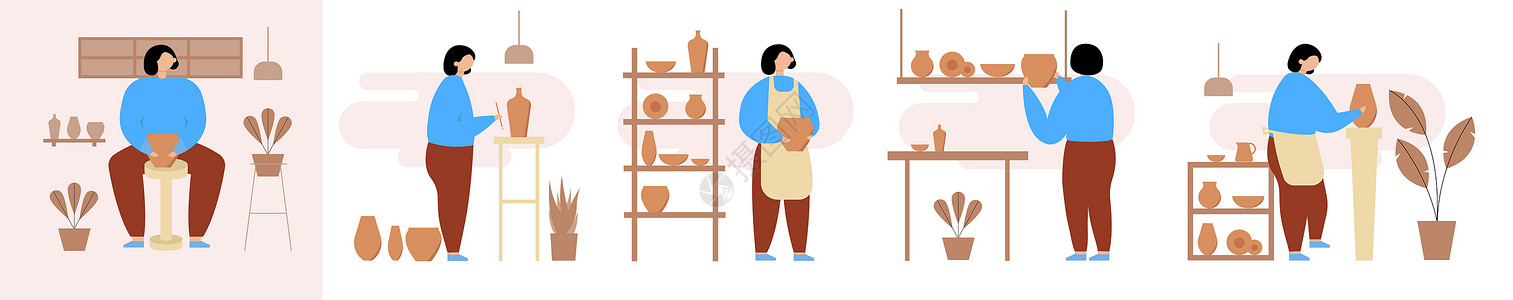 学习做面包蓝棕色扁平风兴趣陶艺泥塑做陶瓷人物元素插画