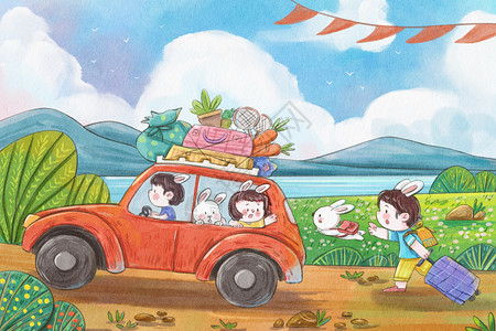 兔年之十月旅行手绘水彩插画背景图片