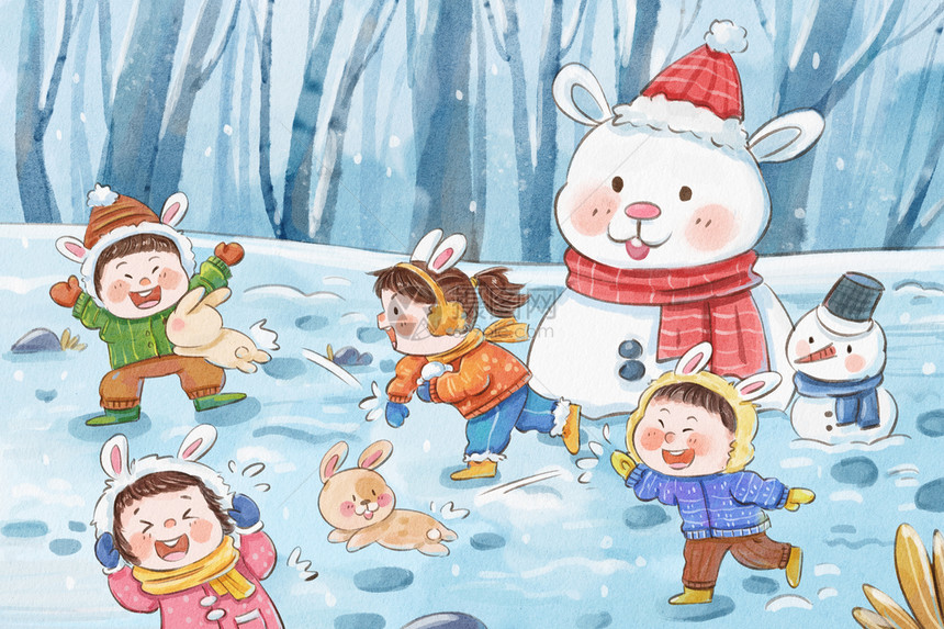 兔年之十一月小雪打雪仗手绘水彩插画图片