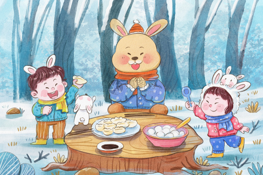 兔年之十二月冬至水饺和手绘水彩插画图片