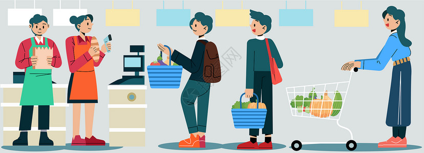 组合商品svg人物插画超市购物售货员顾客形象矢量组合插画