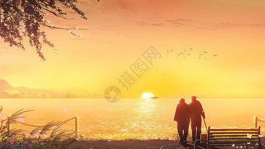 夕阳湖边重阳节之陪伴老伴在河边看落日插画