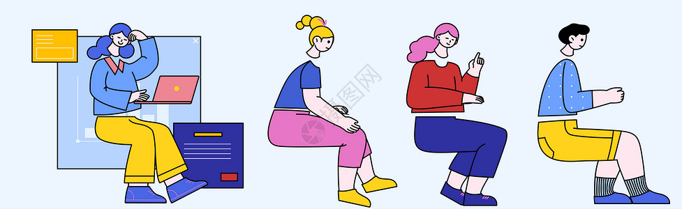 人苦恼黄蓝色卡通商务类侧身坐姿捧着电脑苦恼工作的人物SVG拆分插画插画