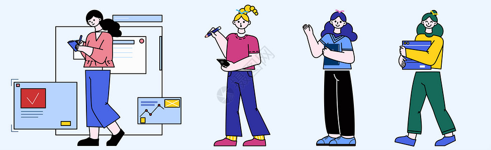 商务团队白领精英职业形象蓝粉色卡通商务类握笔拿笔记本记录会议笔记人物SVG拆分插画插画