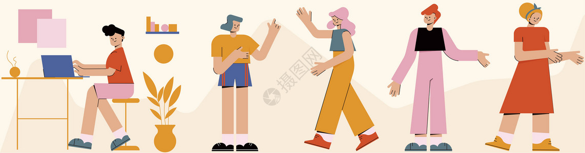 黄粉色卡通生活办公推荐人物SVG拆分插画图片