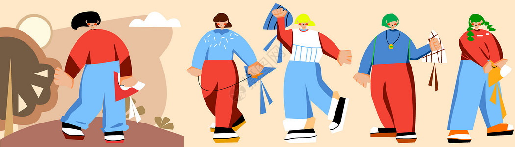 线在服装素材红蓝色扁平风人物场景节日人物重阳节SVG插画插画