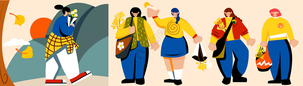 黄蓝色扁平风人物场景节日人物重阳节SVG插画背景图片