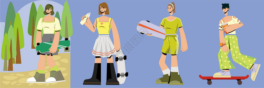 女人玩滑板荧光绿色系滑板少女玩滑板生活拆分人物组件SVG插画插画