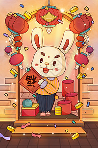 迎小年吃饺子兔年手拿福字在门口迎人的小兔子插画
