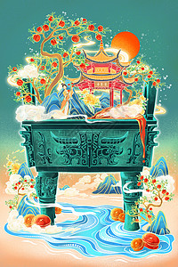 中国风艺术罐子国潮中国风二十四节气霜降古建场景青铜器人物柿子树插画
