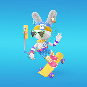 c4d潮流兔子立体模型之玩滑板背景图片