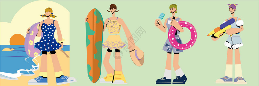 女人玩滑板蓝紫色系海边少女生活拆分人物组件插画