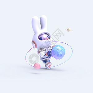 多球边框科技风宇航员兔兔抱小星球插画