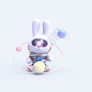 兔兔边框科技风宇航员兔兔坐下俯视小星球插画