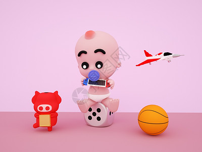 小樽哨子馆C4DQ版婴儿坐姿玩游戏机3D元素插画