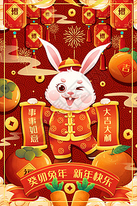 拿灯笼金币兔子2023癸卯兔年拿对联福兔迎新年春节喜庆插画插画