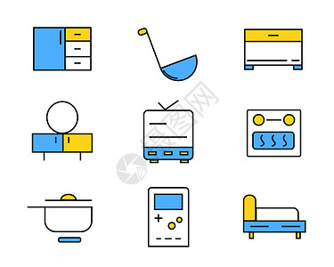 桌签设计蓝黄色系生活元素ICON图标插画