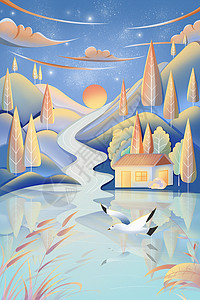 湖水树和山湖边小屋清冷氛围立冬节气插画海报插画