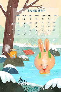 亲子兔年2023年兔年一月日历插画