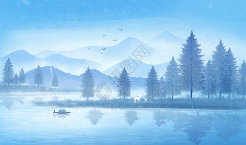 古风卷轴冬季冬天立冬冬至唯美素材风景插画