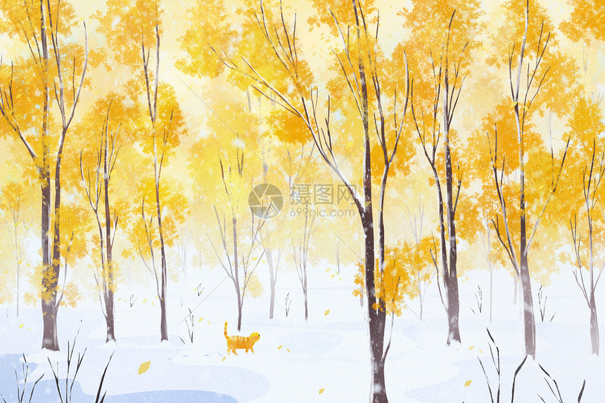立冬节日节气唯美手绘冬天树林背景插画图片