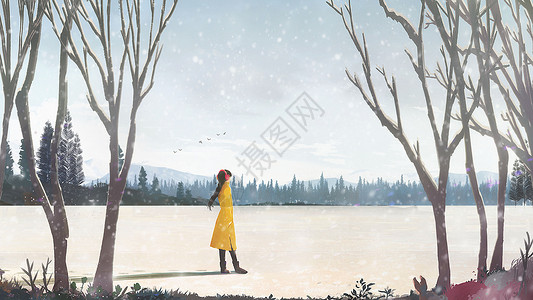 冬天里去散步的女孩背景图片