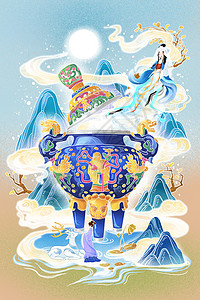 中国风香炉国潮中国风二十四节气立冬香炉仙子白鹿人物山水场景插画