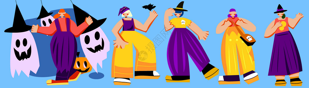 南瓜图案蓝紫色扁平风人物场景节日人物万圣节幽灵装饰背包SVG插画插画
