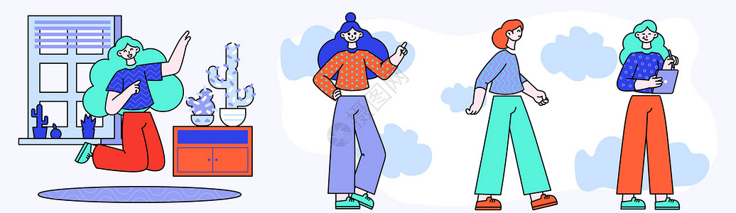 蓝绿色卡通生活类穿花里胡哨图案的女孩SVG拆分插画图片