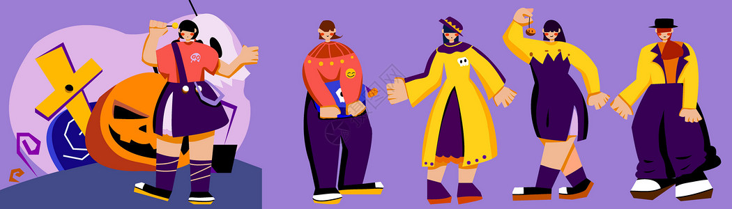 黄紫色扁平风人物场景节日人物万圣节西装SVG插画背景图片