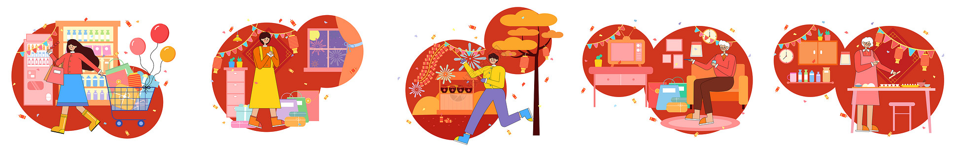 喜庆神龙降临庆祝新年卡通插画AI扁平风购物小场景新年节日插画插画