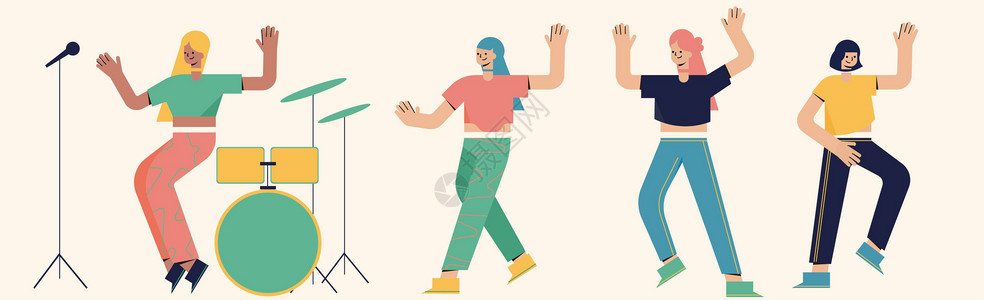 绿粉色卡通生活类跳舞唱歌挥舞单人舞室内舞蹈SVG拆分人物背景图片