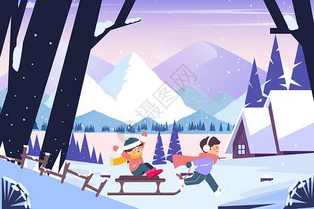 男孩拉扯雪橇下雪小孩子玩雪橇插画