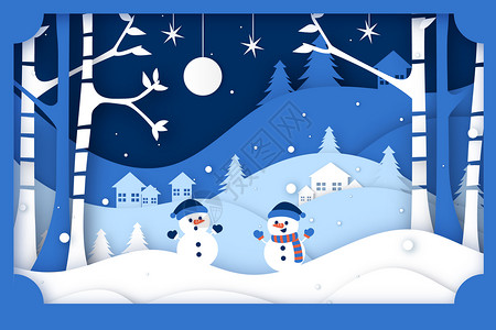 剪纸风格冬季卡通雪人背景图片
