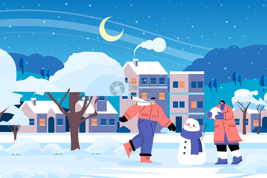 冬季情侣堆雪人矢量插画图片