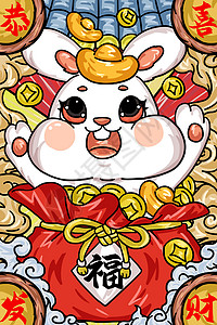 拿着袋子兔子国潮兔年恭喜发财新春祝福插画插画