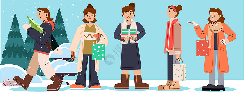 圣诞购物优惠劵svg人物插画圣诞节路边行人购物人物矢量组合插画
