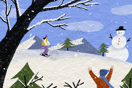 冬天滑雪扁平插画图片