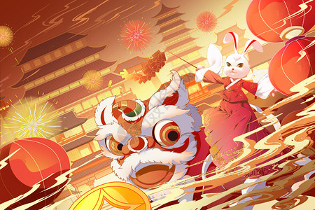 古风汉服中国风小女孩提灯笼兔年骑在舞狮上的兔子插画