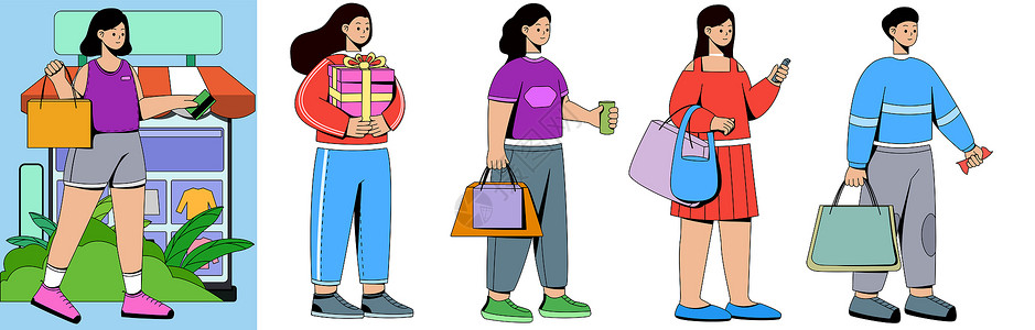 商场人SVG插画场景组件购物逛街的人扁平插画插画