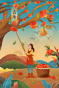 柿子框中国复古风24节气霜降海报插画