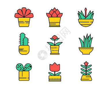 绿色植物桌面绿色植物花卉盆栽svg图标元素套图插画