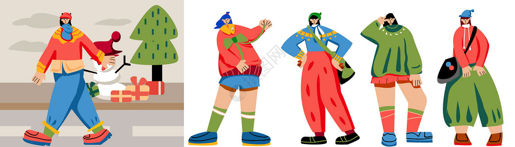 蓝色帽子雪人红蓝色扁平风人物场景节日人物圣诞节SVG插画插画